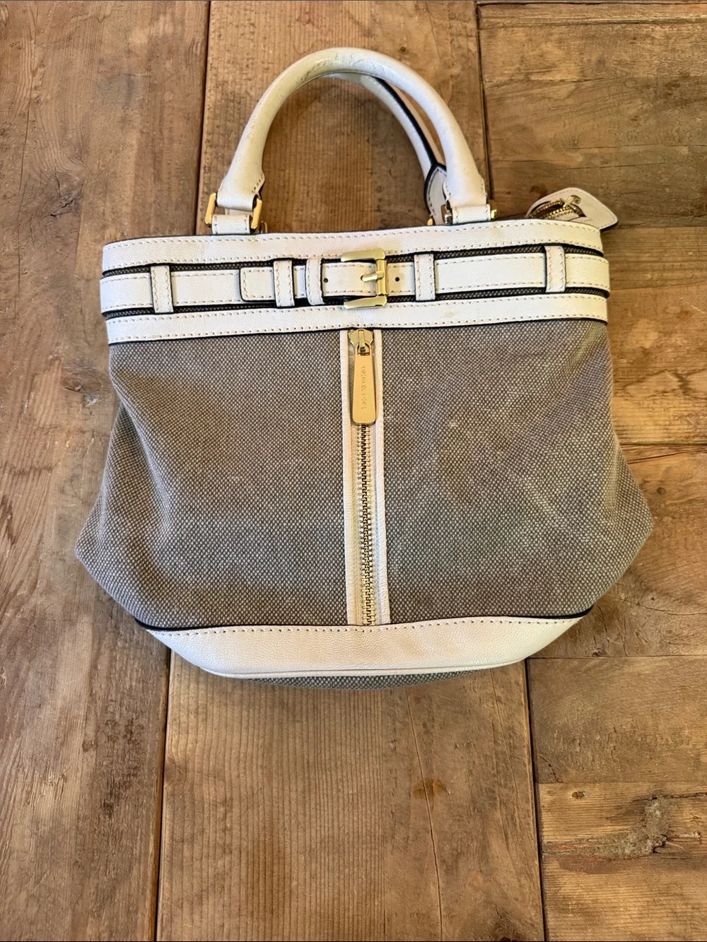 Michael Kors Beige Canvas Shoulder Bag with White Leather Trim
